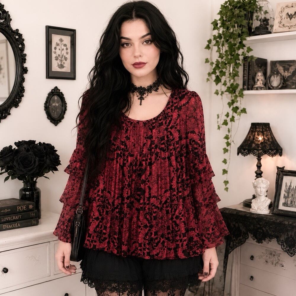 Roz & Ali Top Blouse Vamp Whimsygoth Goth Y2K - Red Black Floral, Size L